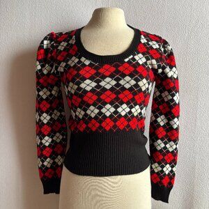 1970s Red White & Blue Argyle Cropped Pullover Sweater